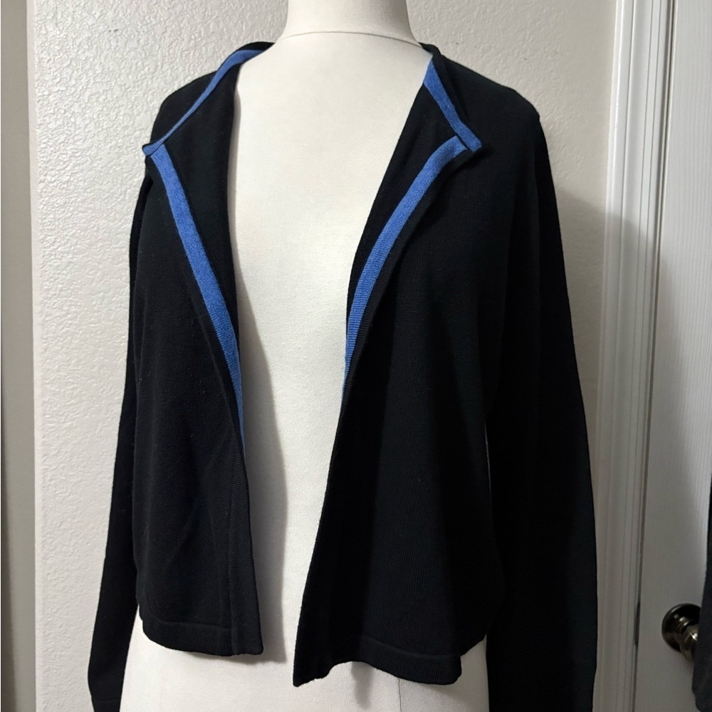 J. McLaughlin Black Open Front Cardigan with Blue Accents and Gold Button Detail